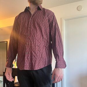 Report Collection Burgundy Patterned Button Down Shirt